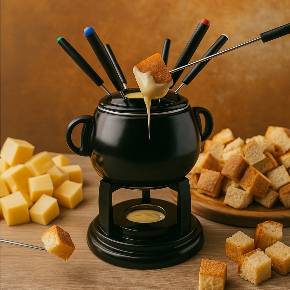 Vintage Black Aluminum Fondue Pot with Warming Base and 6 Color Marked Forks